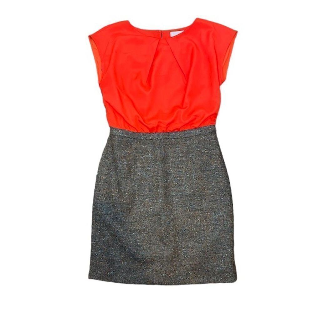 LOFT Wool Blend Tweed Pencil Dress Red-Orange‎ Top with Tweed Skirt Lined Size 0